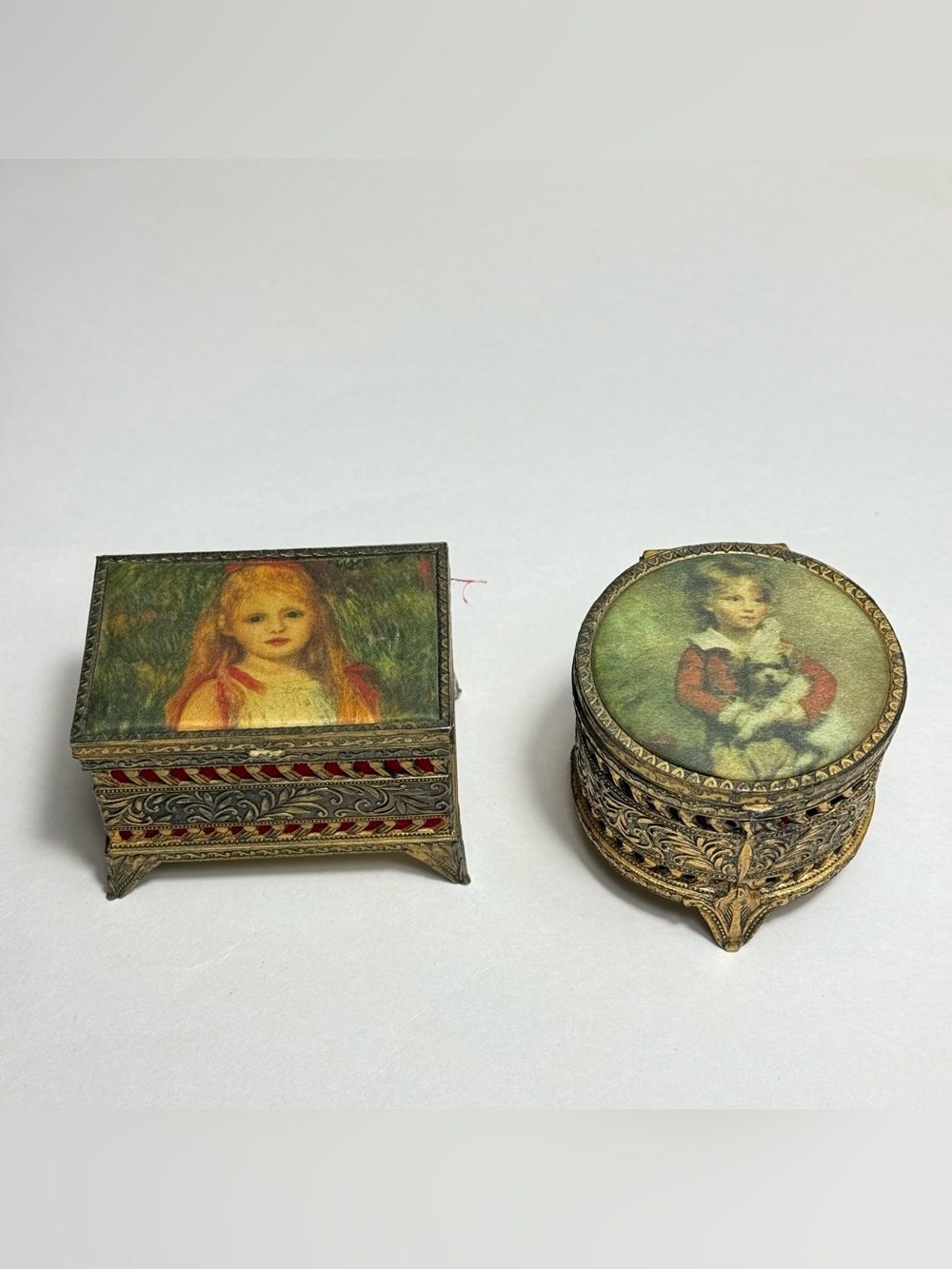 2 Vintage 1950s Trinket Jewelry Boxes Japan Satin Top Ornate Gold Tone Victorian